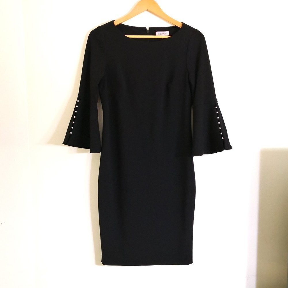 Calvin Klein Black Bell Sleeve Pearl Detail Midi Dress Size 8 - Picture 2 of 5